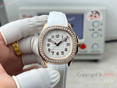 High Quality Replica PATEK PHILIPPE Aquanaut Luce White Integrated Composite Strap White Embossed Pattern Face Dial 48 Diamonds Inlaid Round Octagonal Case Watch 38mm